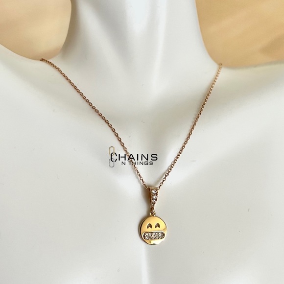 Emoji smiley face charm Necklace 15.5" 14K gold plated chain fun funny smile 😁 - Picture 2 of 4